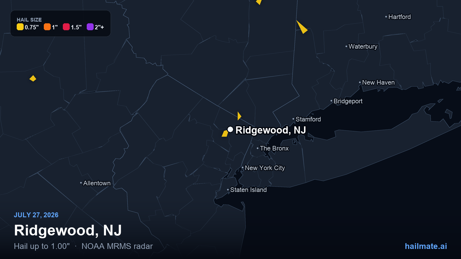 Hail swath map for Ridgewood, NJ on July 27, 2026 showing 1.00 inch hail.