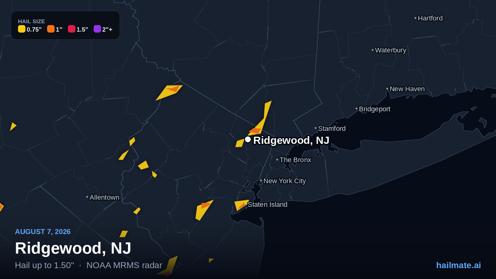 Hail swath map showing 1.50 inch hail over Ridgewood, New Jersey on August 7, 2026.