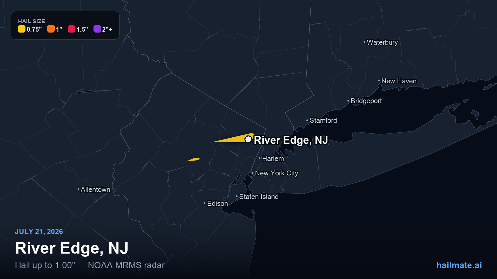 Hail swath map for River Edge, NJ on July 21, 2026 showing 1.00 inch hail.