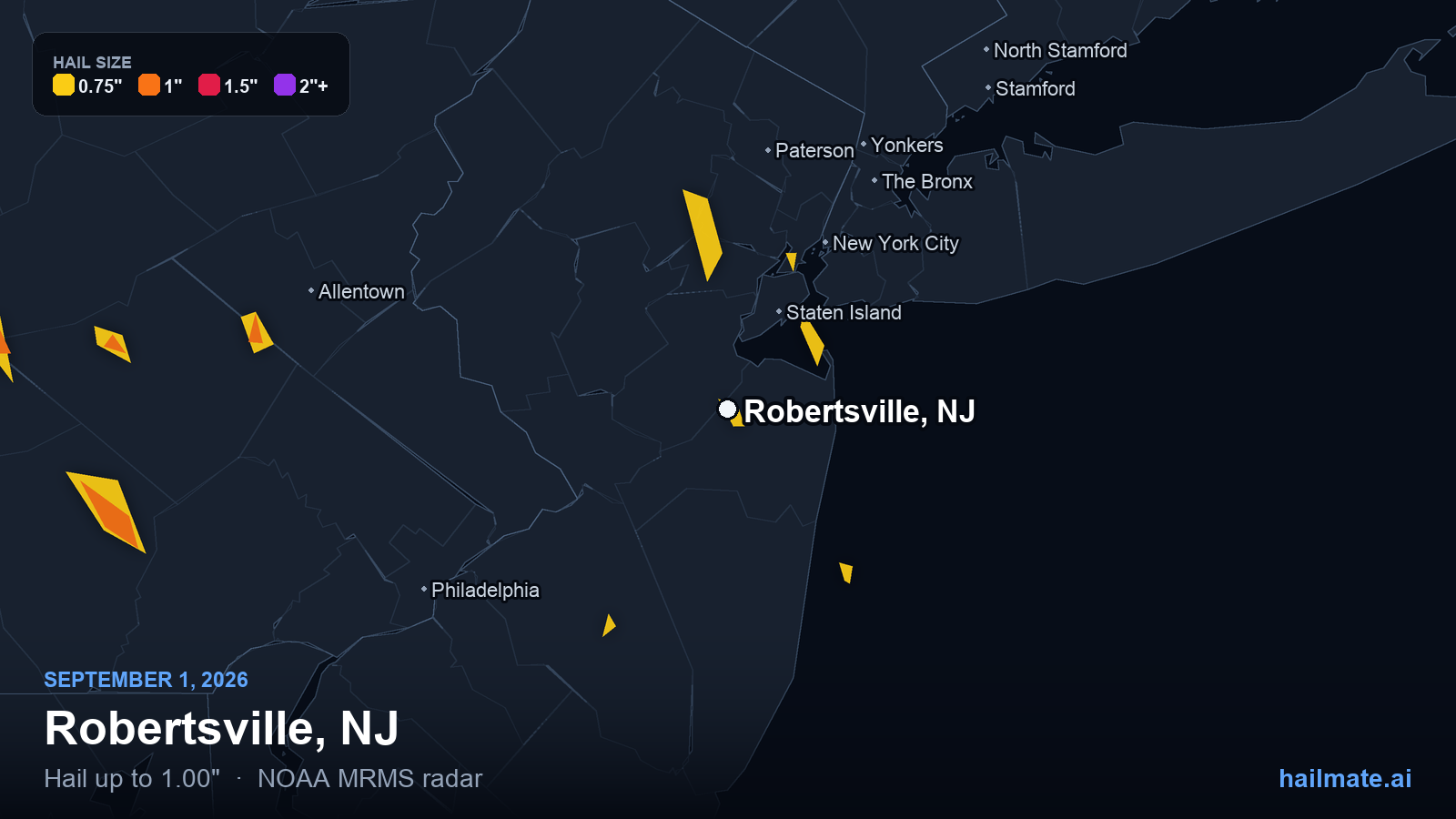 Hail swath map for Robertsville, NJ on September 1, 2026 showing 1.00 inch hail.