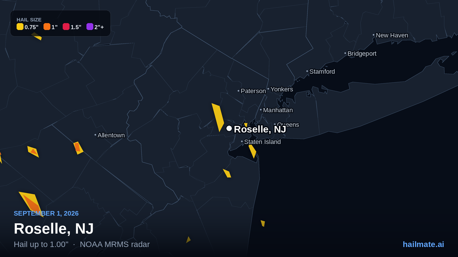 Hail swath map for Roselle, NJ on September 1, 2026 showing 1.00 inch hail.