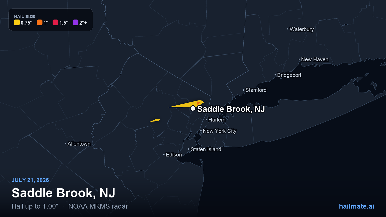Hail swath map for Saddle Brook, NJ on July 21, 2026 showing 1.00 inch hail.