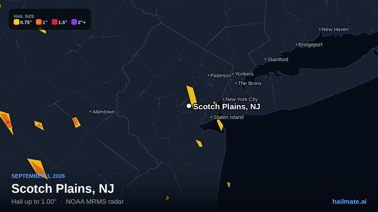 Hail swath map for Scotch Plains, NJ on September 1, 2026 showing 1.00 inch hail.