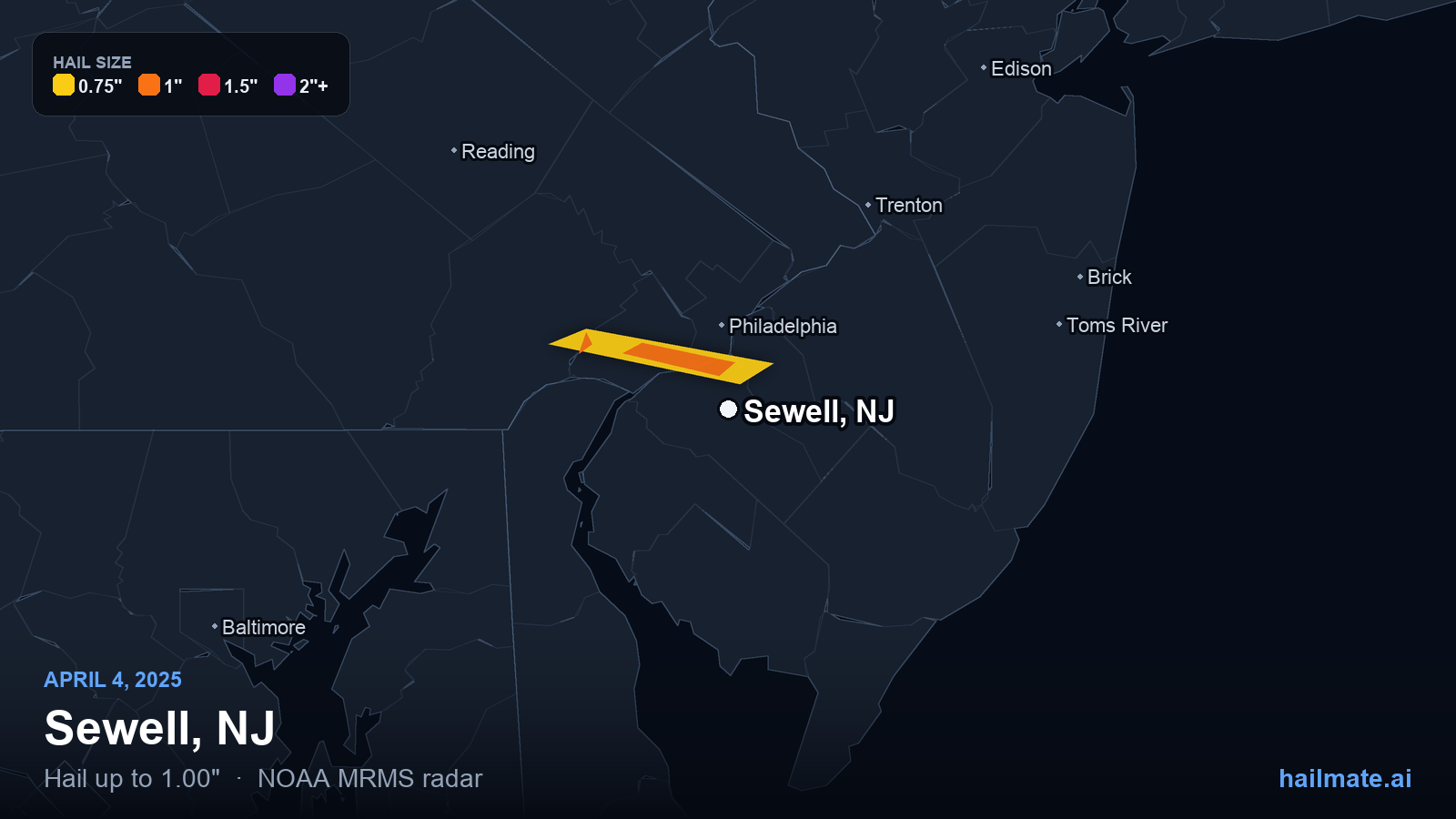 Hail swath map for Sewell, NJ on April 4, 2025 showing 1.00 inch hail.