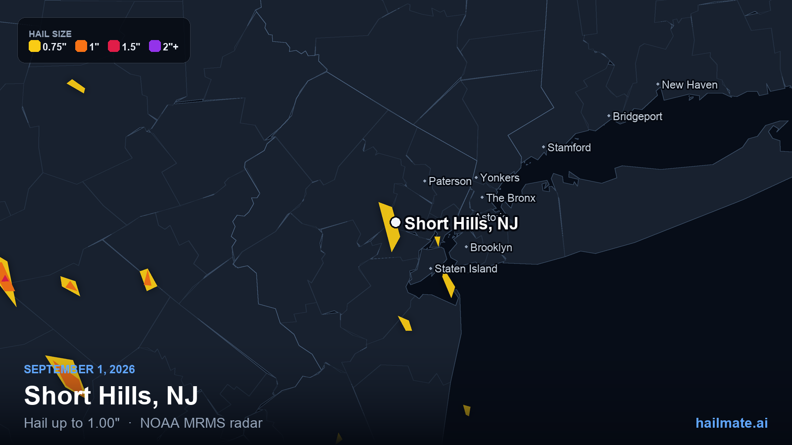 Hail swath map for Short Hills, NJ on September 1, 2026 showing 1.00 inch hail.
