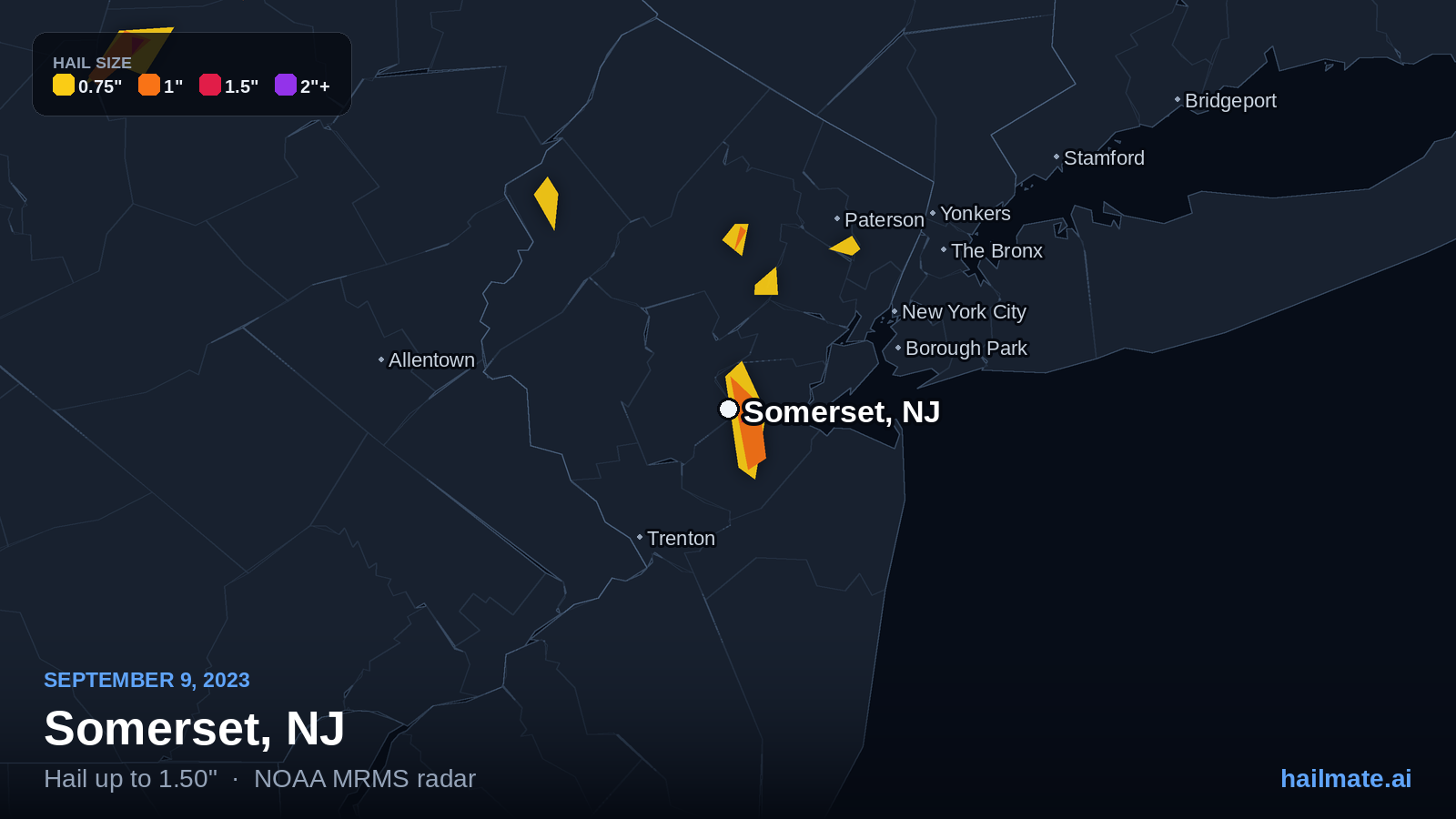 Hail swath map for Somerset, NJ on September 9, 2023 showing 1.50 inch hail.