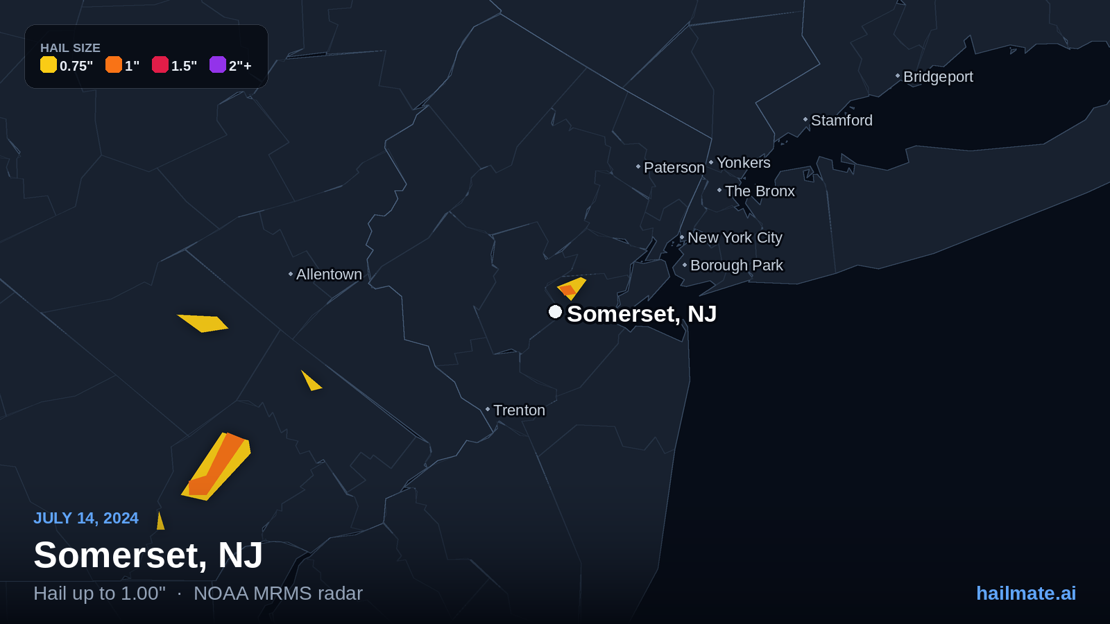 Hail swath map for Somerset, NJ on July 14, 2024 showing 1.00 inch hail.
