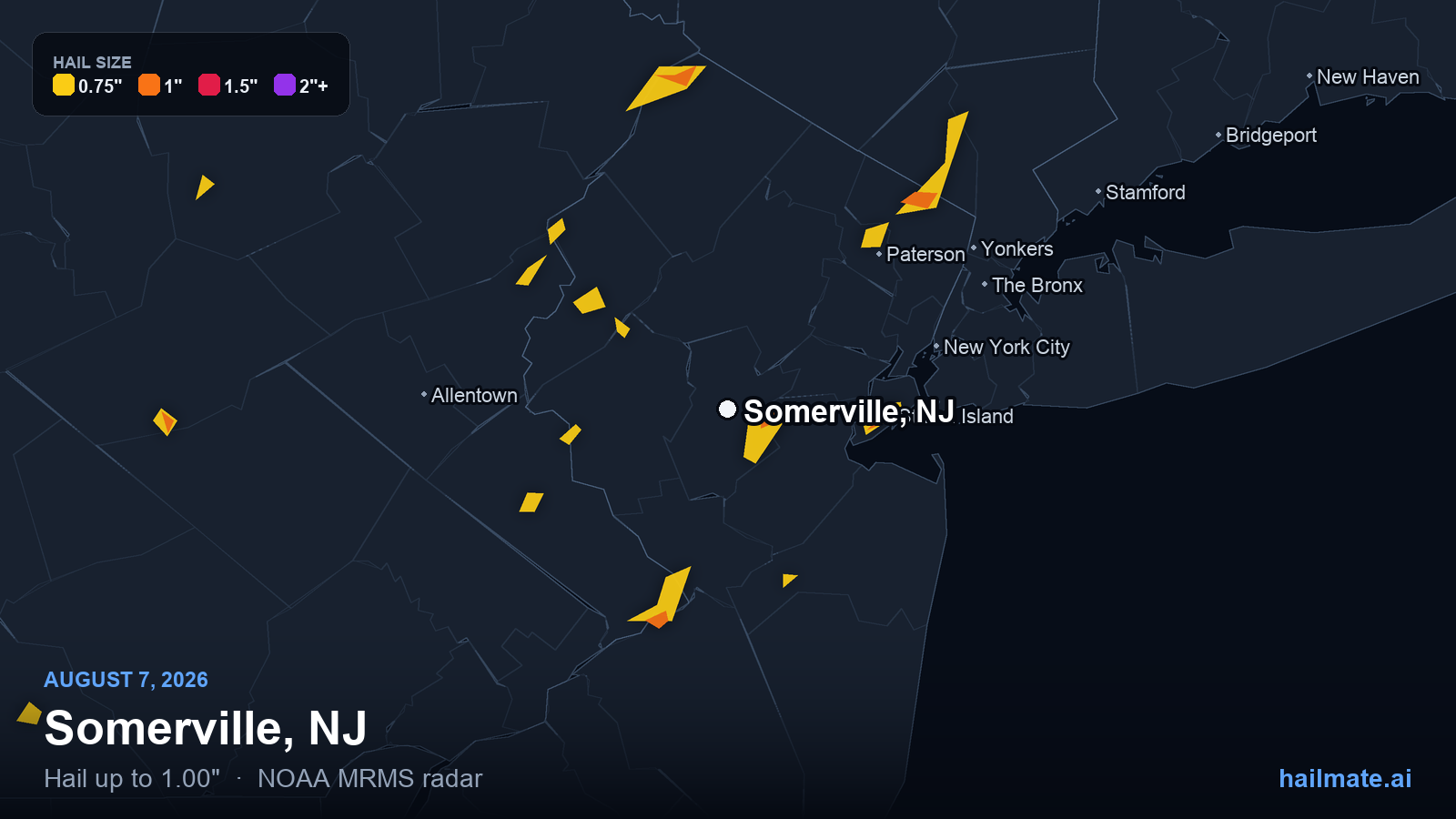 Hail swath map for Somerville, NJ on August 7, 2026 showing 1.00 inch hail.