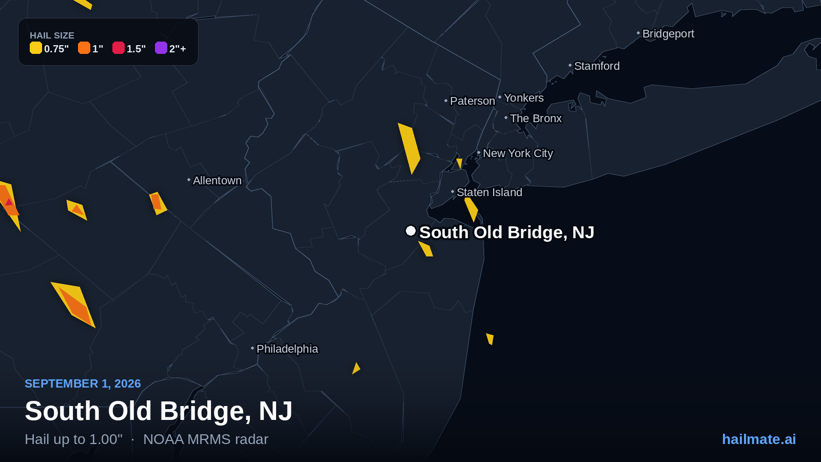 Hail swath map for South Old Bridge, NJ on September 1, 2026 showing 1.00 inch hail.