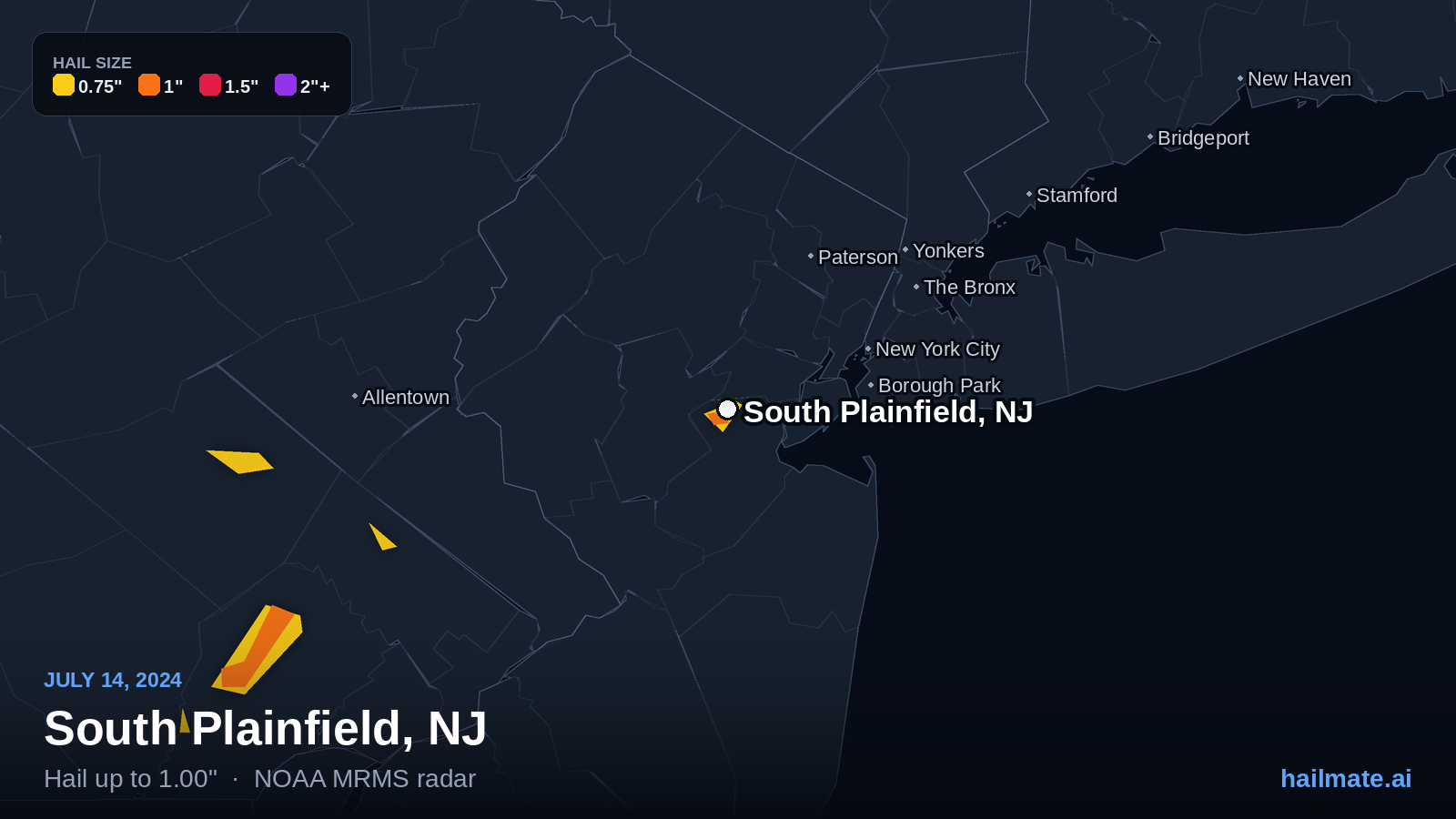 Hail swath map for South Plainfield, NJ on July 14, 2024 showing 1.00 inch hail.