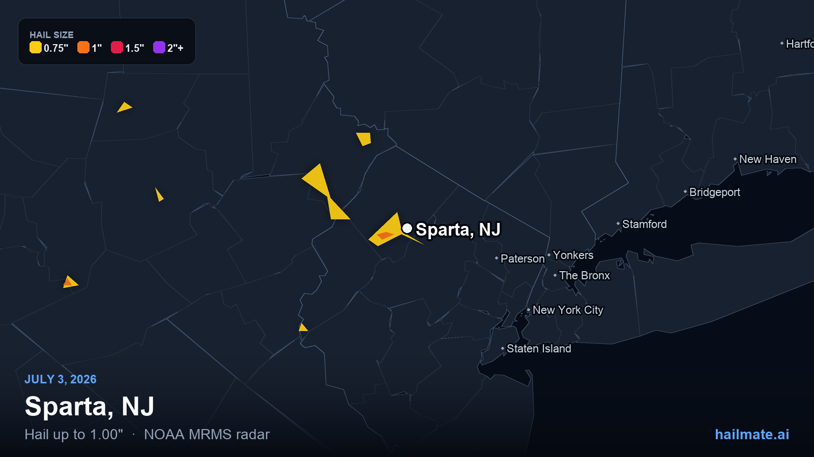 Hail swath map for Sparta, NJ on July 3, 2026 showing 1.00 inch hail.