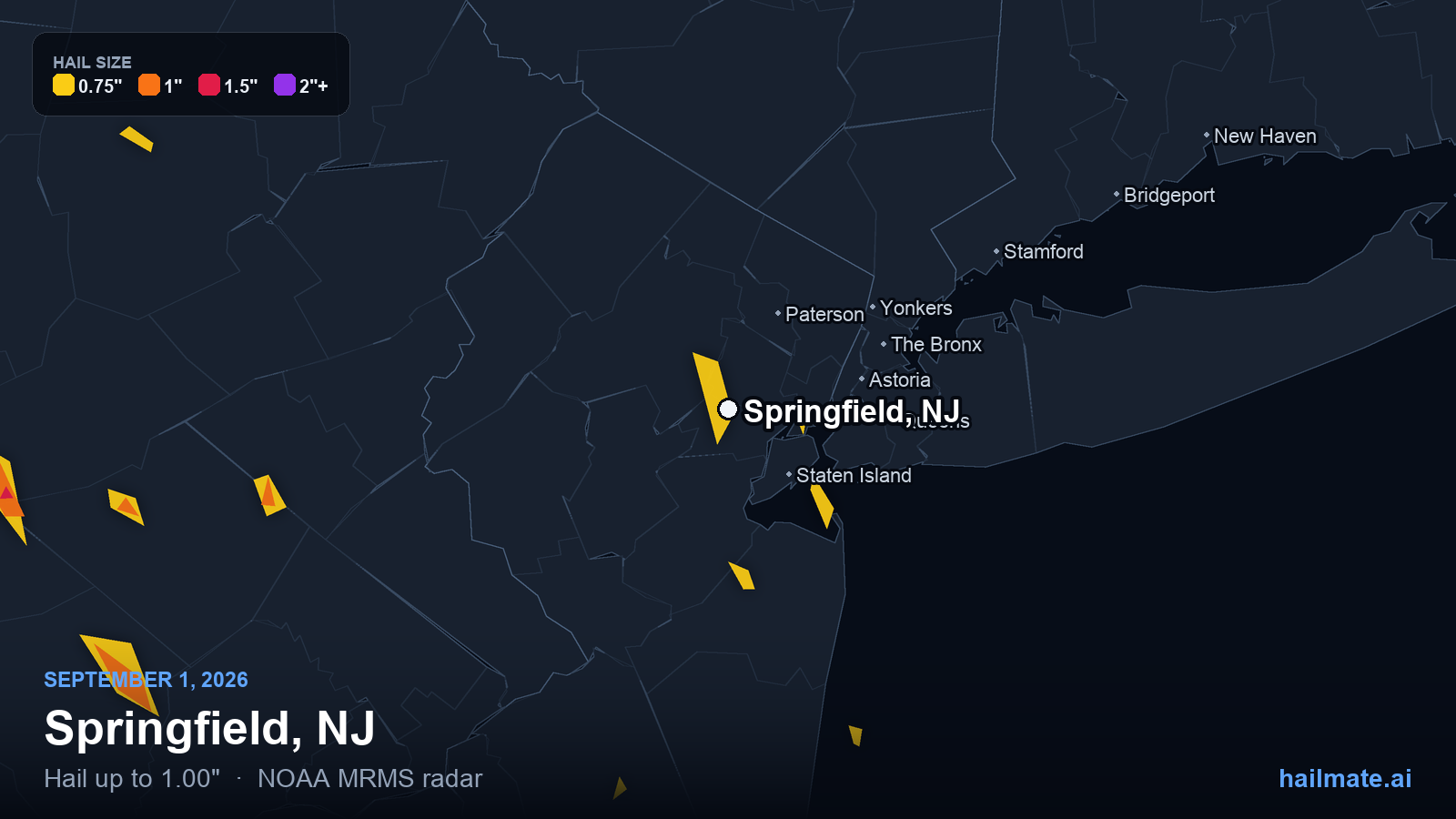 Hail swath map for Springfield, NJ on September 1, 2026 showing 1.00 inch hail.