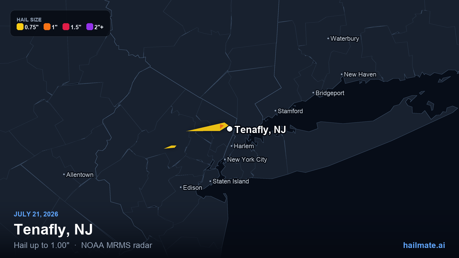 Hail swath map for Tenafly, NJ on July 21, 2026 showing 1.00 inch hail.