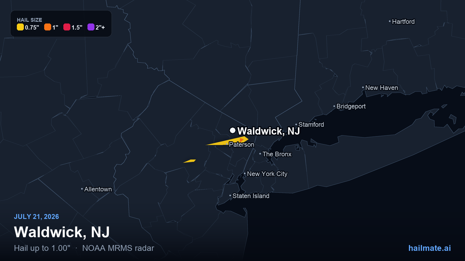 Hail swath map for Waldwick, NJ on July 21, 2026 showing 1.00 inch hail.