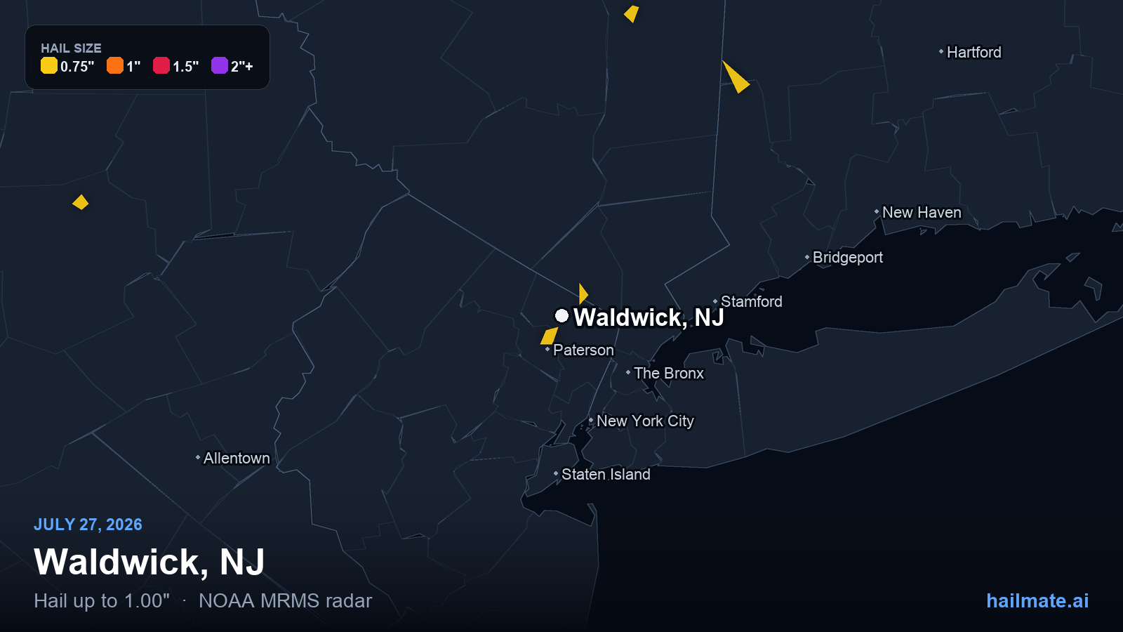 Hail swath map for Waldwick, NJ on July 27, 2026 showing 1.00 inch hail.