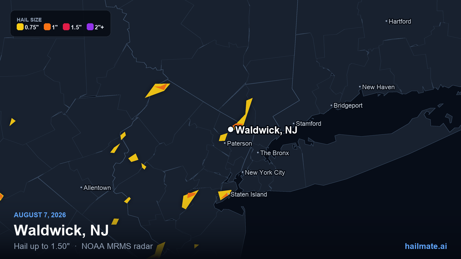 Hail swath map for Waldwick, NJ on August 7, 2026 showing 1.50 inch hail.