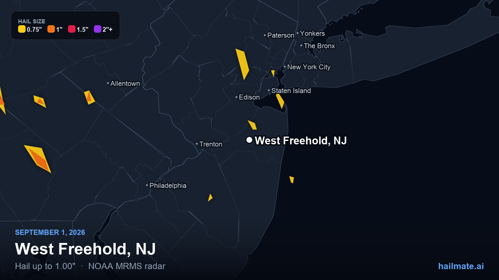 Hail swath map for West Freehold, NJ on September 1, 2026 showing 1.00 inch hail.