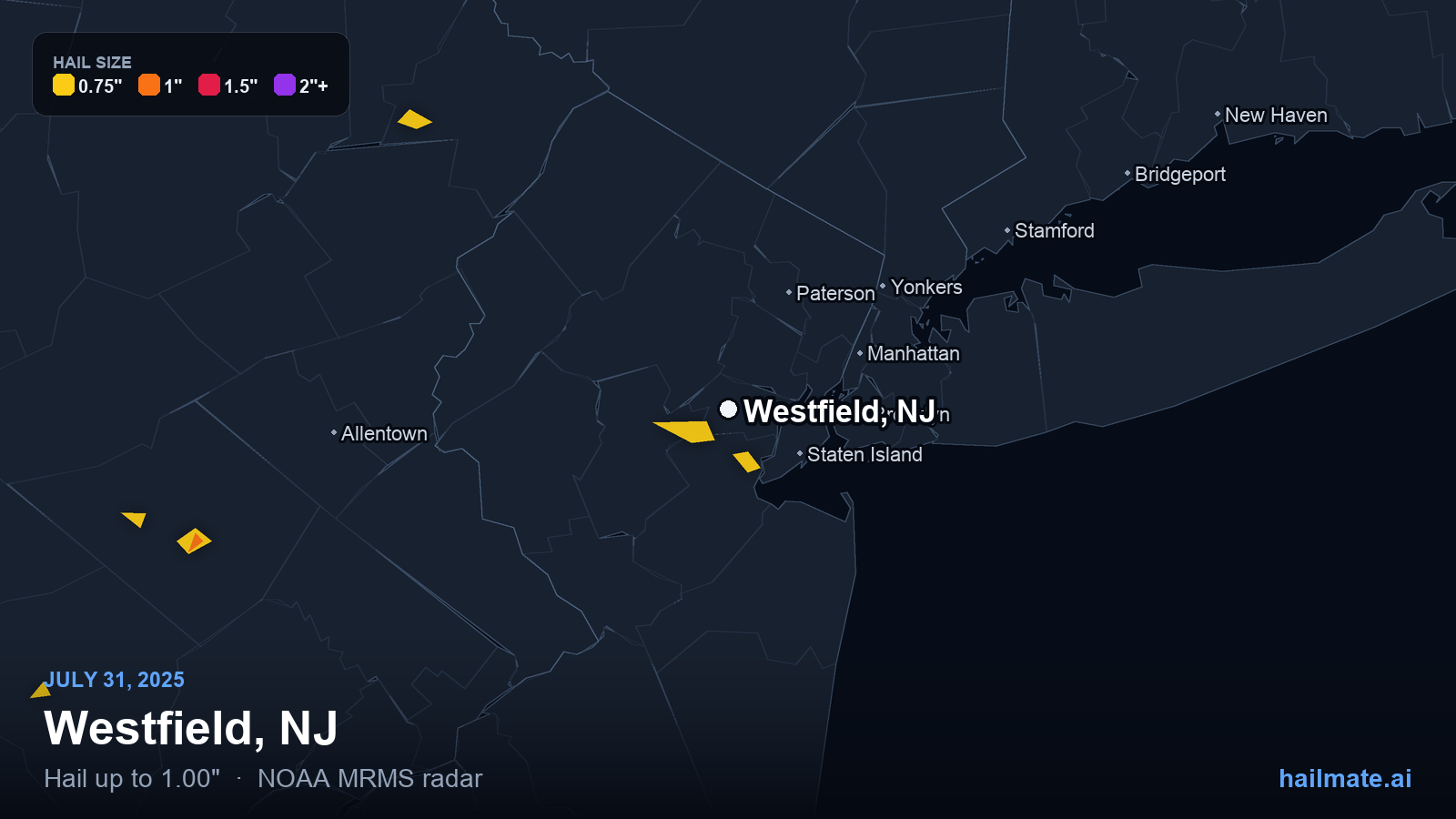 Hail swath map for Westfield, NJ on July 31, 2025 showing 1.00 inch hail.