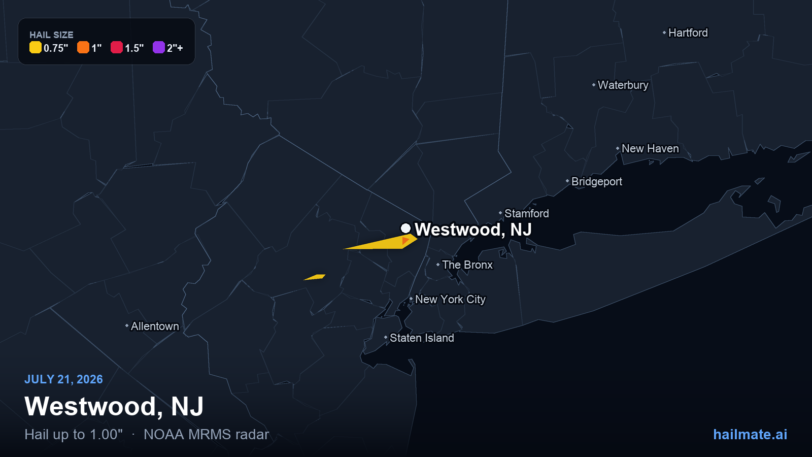 Hail swath map for Westwood, NJ on July 21, 2026 showing 1.00 inch hail.