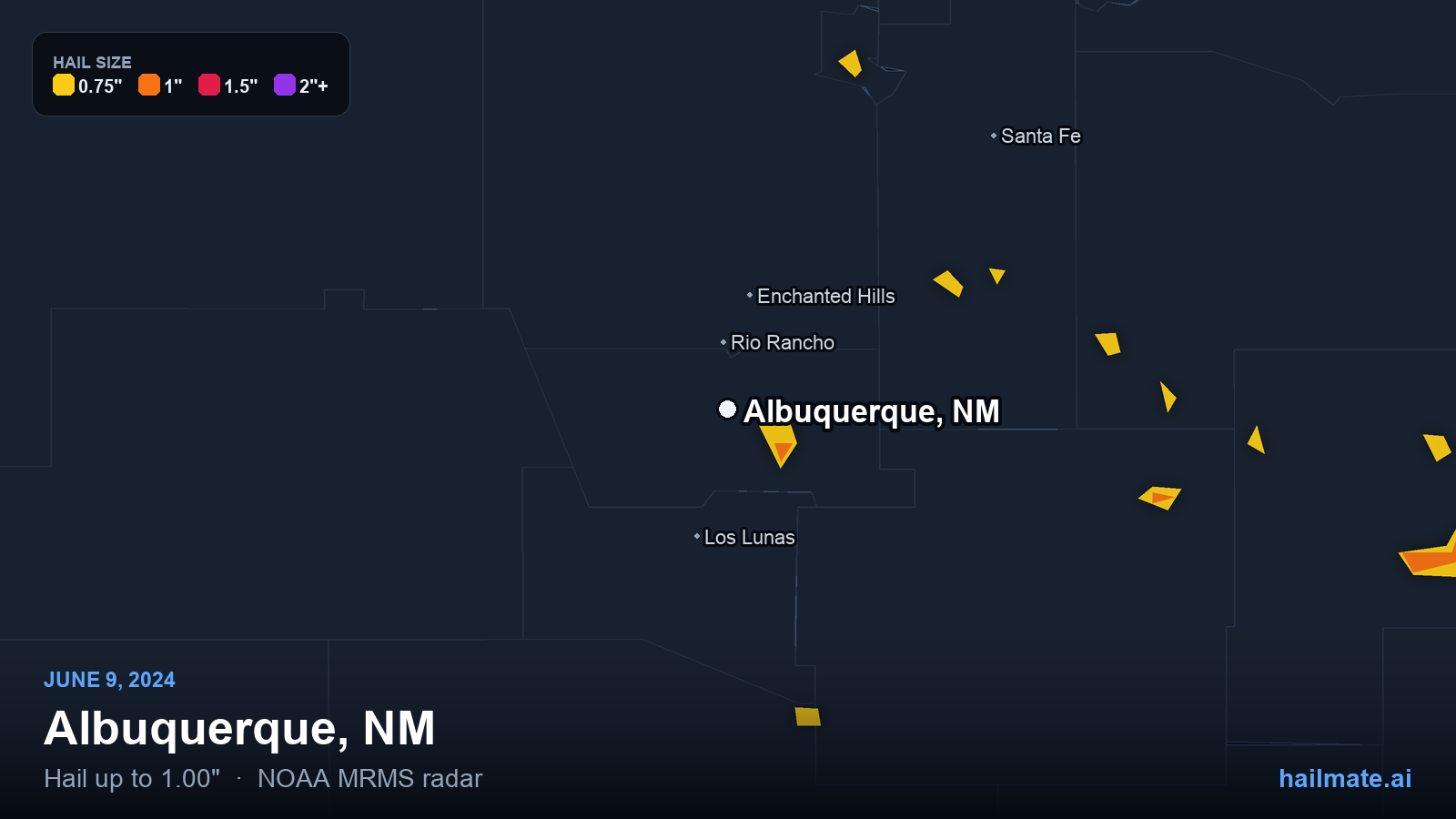 Hail swath map for Albuquerque, NM on June 9, 2024 showing 1.00 inch hail.