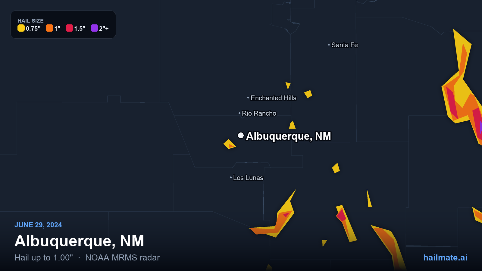Hail swath map for Albuquerque, NM on June 29, 2024 showing 1.00 inch hail.