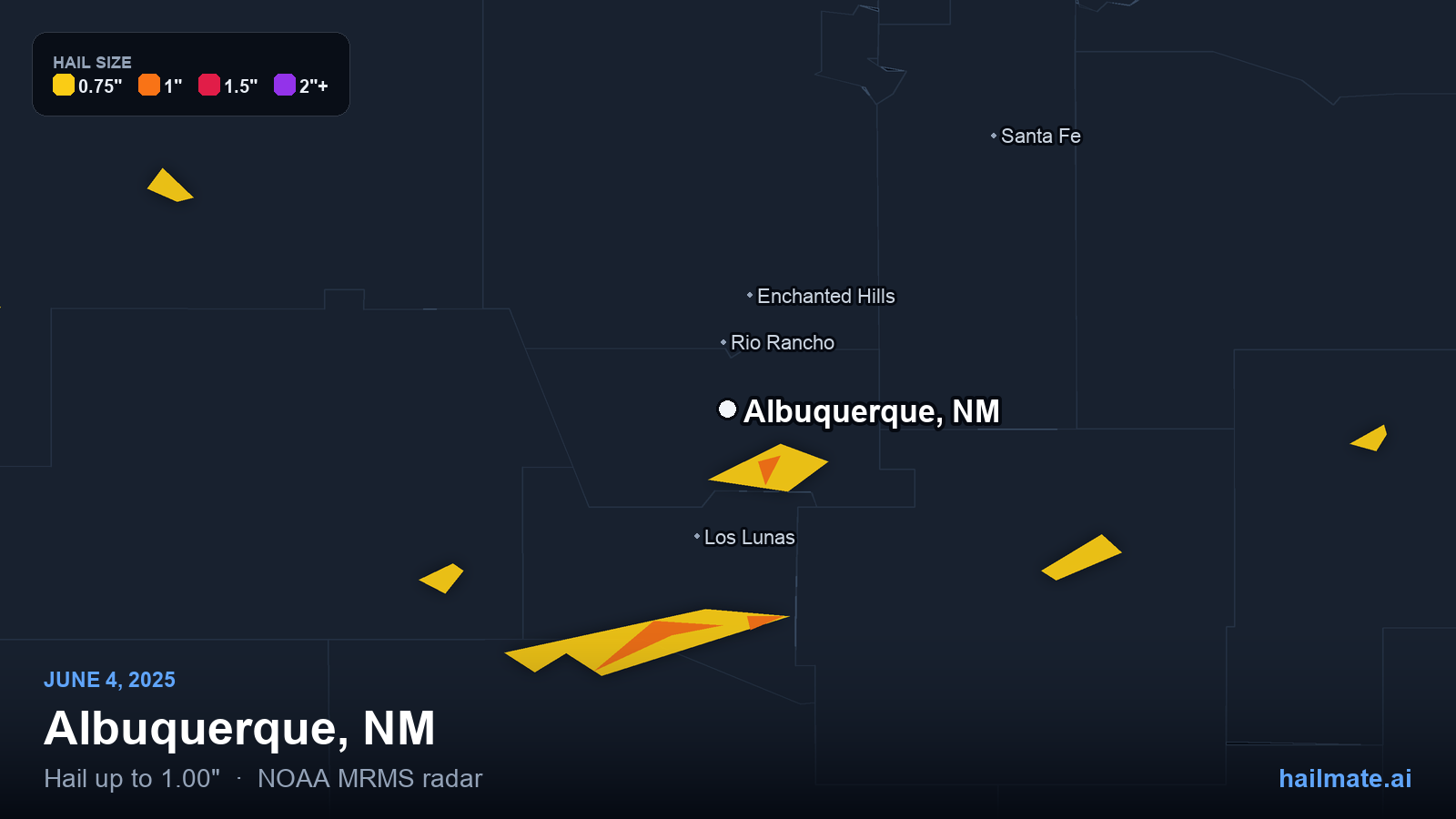 Hail swath map for Albuquerque, NM on June 4, 2025 showing 1.00 inch hail.