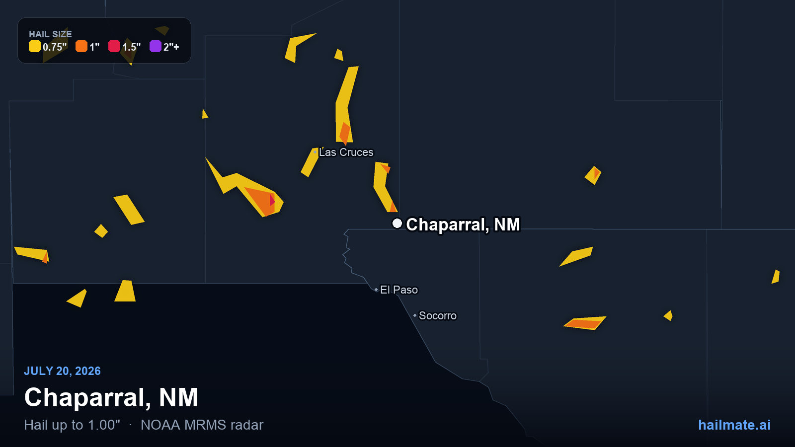 Hail swath map for Chaparral, NM on July 20, 2026 showing 1.00 inch hail.