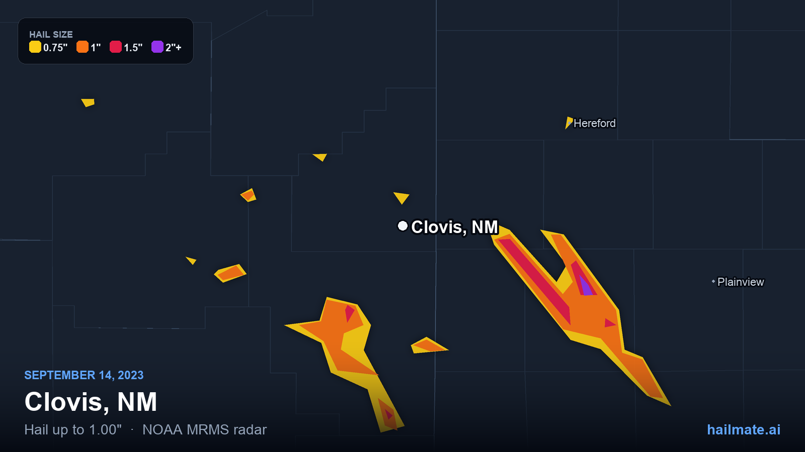 Hail swath map for Clovis, NM on September 14, 2023 showing 1.00 inch hail.