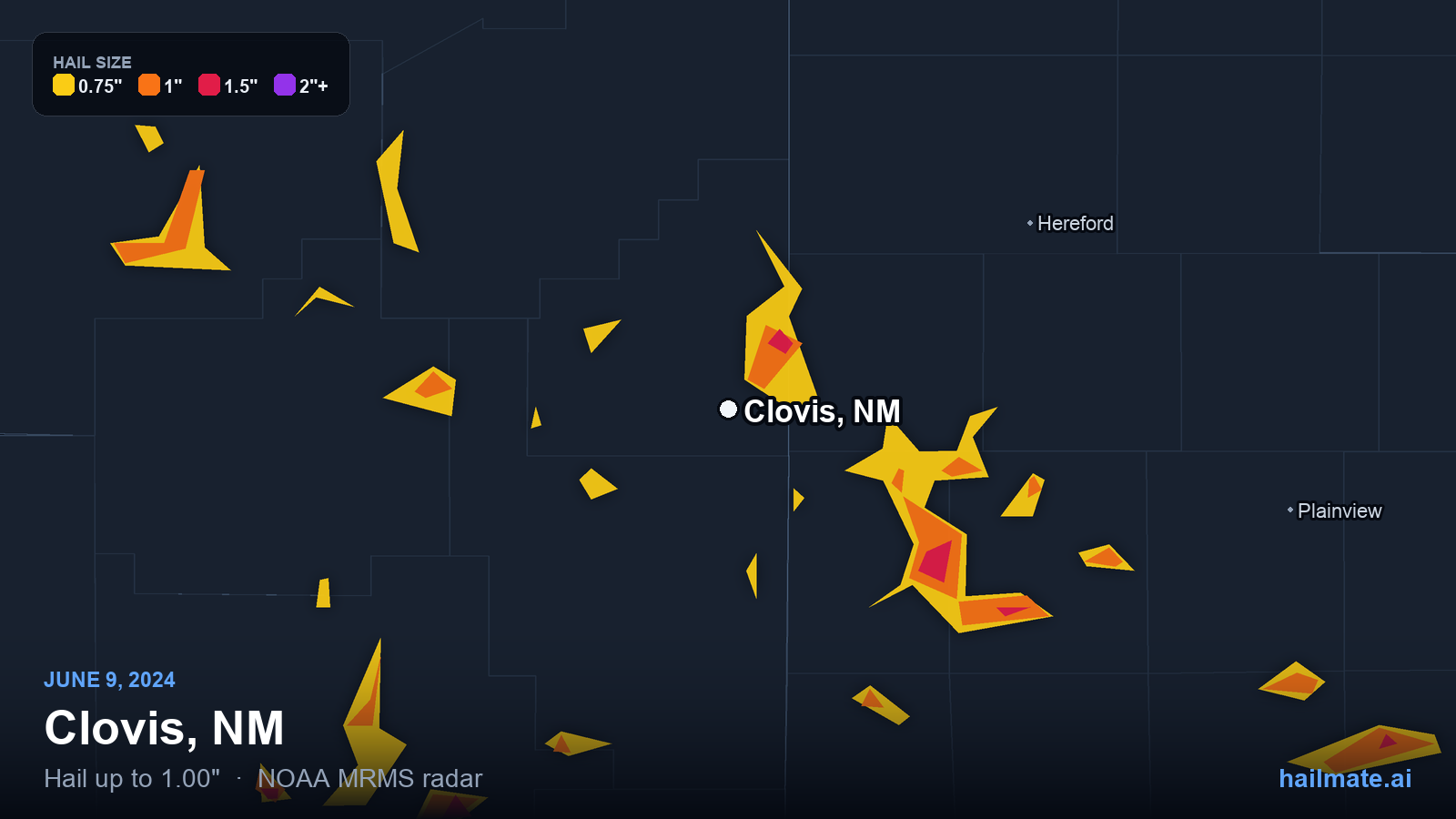 Hail swath map for Clovis, NM on June 9, 2024 showing 1.00 inch hail.