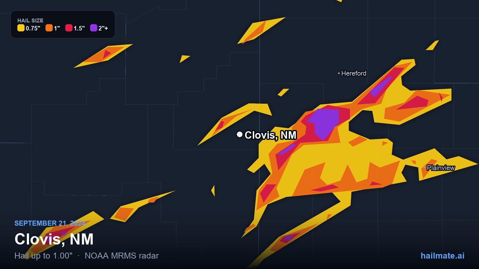 Hail swath map for Clovis, NM on September 21, 2024 showing 1.00 inch hail.