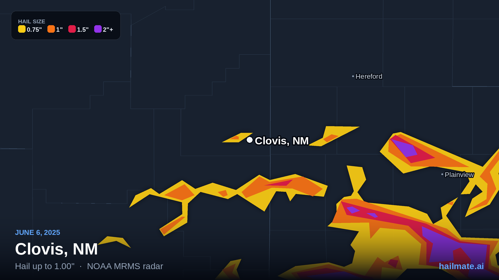 Hail swath map for Clovis, NM on June 6, 2025 showing 1.00 inch hail.
