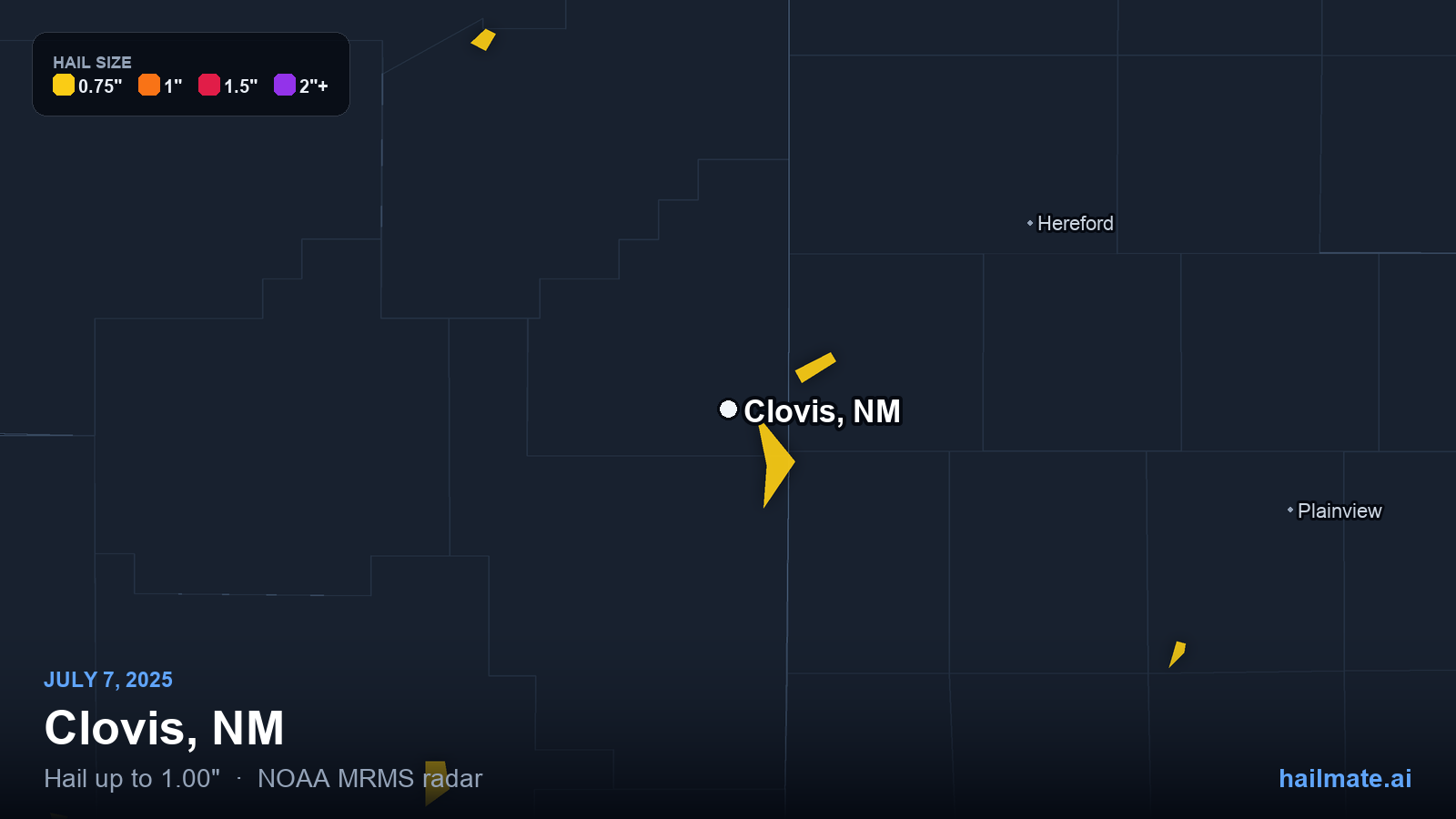 Hail swath map for Clovis, NM on July 7, 2025 showing 1.00 inch hail.