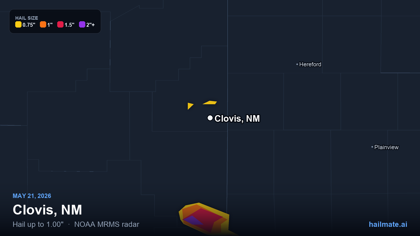 Hail swath map for Clovis, NM on May 21, 2026 showing 1.00 inch hail.