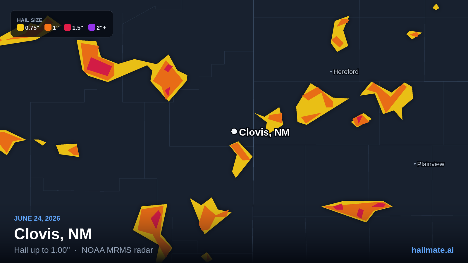 Hail swath map showing 1.00 inch hail over Clovis, New Mexico on June 24, 2026.