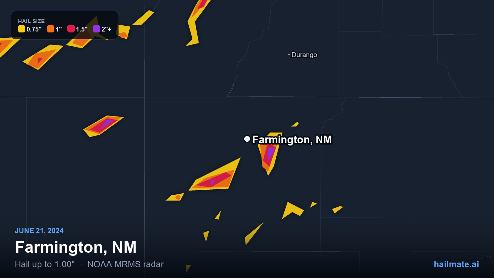Hail swath map for Farmington, NM on June 21, 2024 showing 1.00 inch hail.