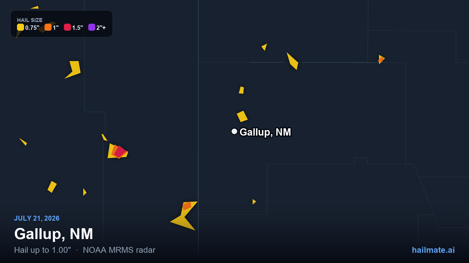 Hail swath map for Gallup, NM on July 21, 2026 showing 1.00 inch hail.