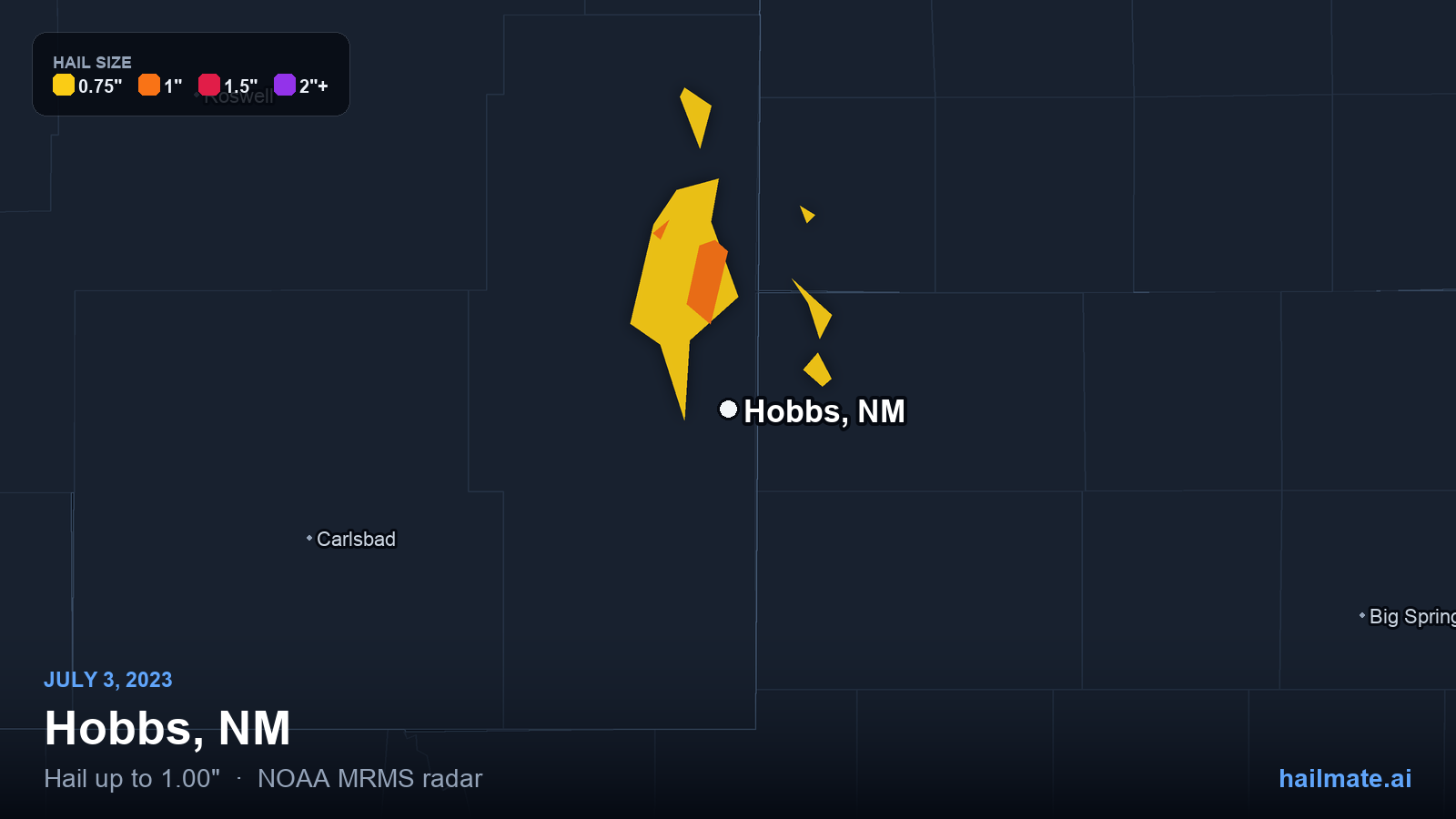 Hail swath map for Hobbs, NM on July 3, 2023 showing 1.00 inch hail.