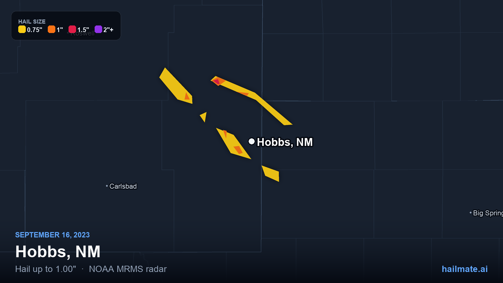 Hail swath map for Hobbs, NM on September 16, 2023 showing 1.00 inch hail.