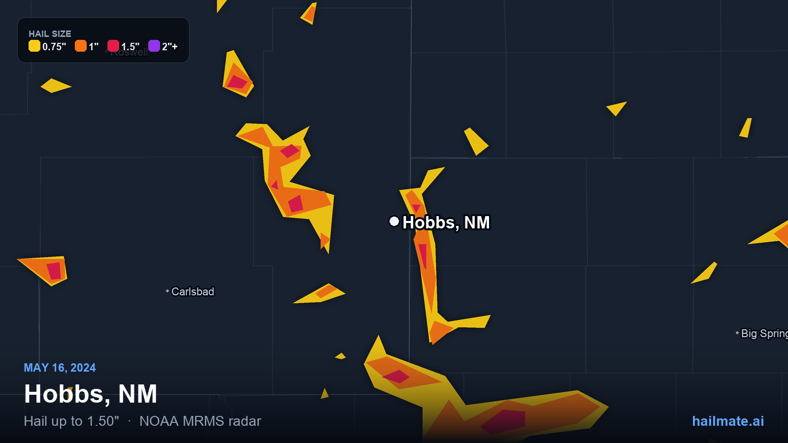Hail swath map for Hobbs, NM on May 16, 2024 showing 1.50 inch hail.