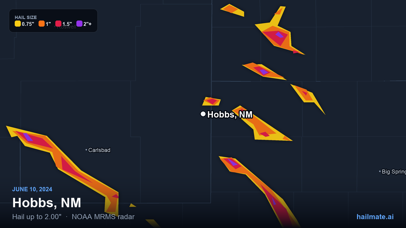 Hail swath map for Hobbs, NM on June 10, 2024 showing 2.00 inch hail.
