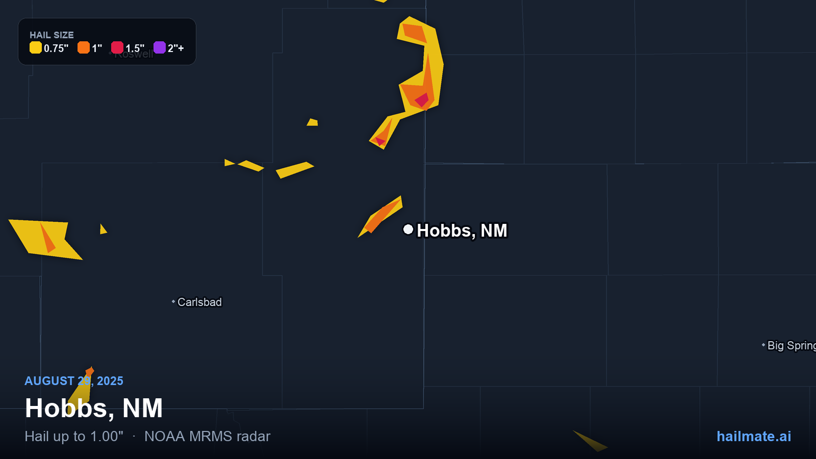 Hail swath map for Hobbs, NM on August 29, 2025 showing 1.00 inch hail.