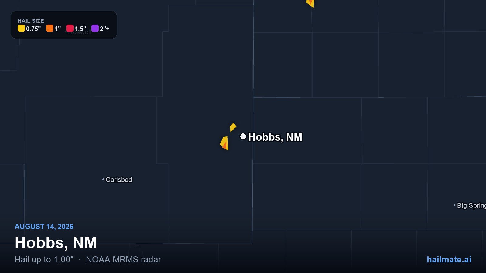 Hail swath map for Hobbs, NM on August 14, 2026 showing 1.00 inch hail.