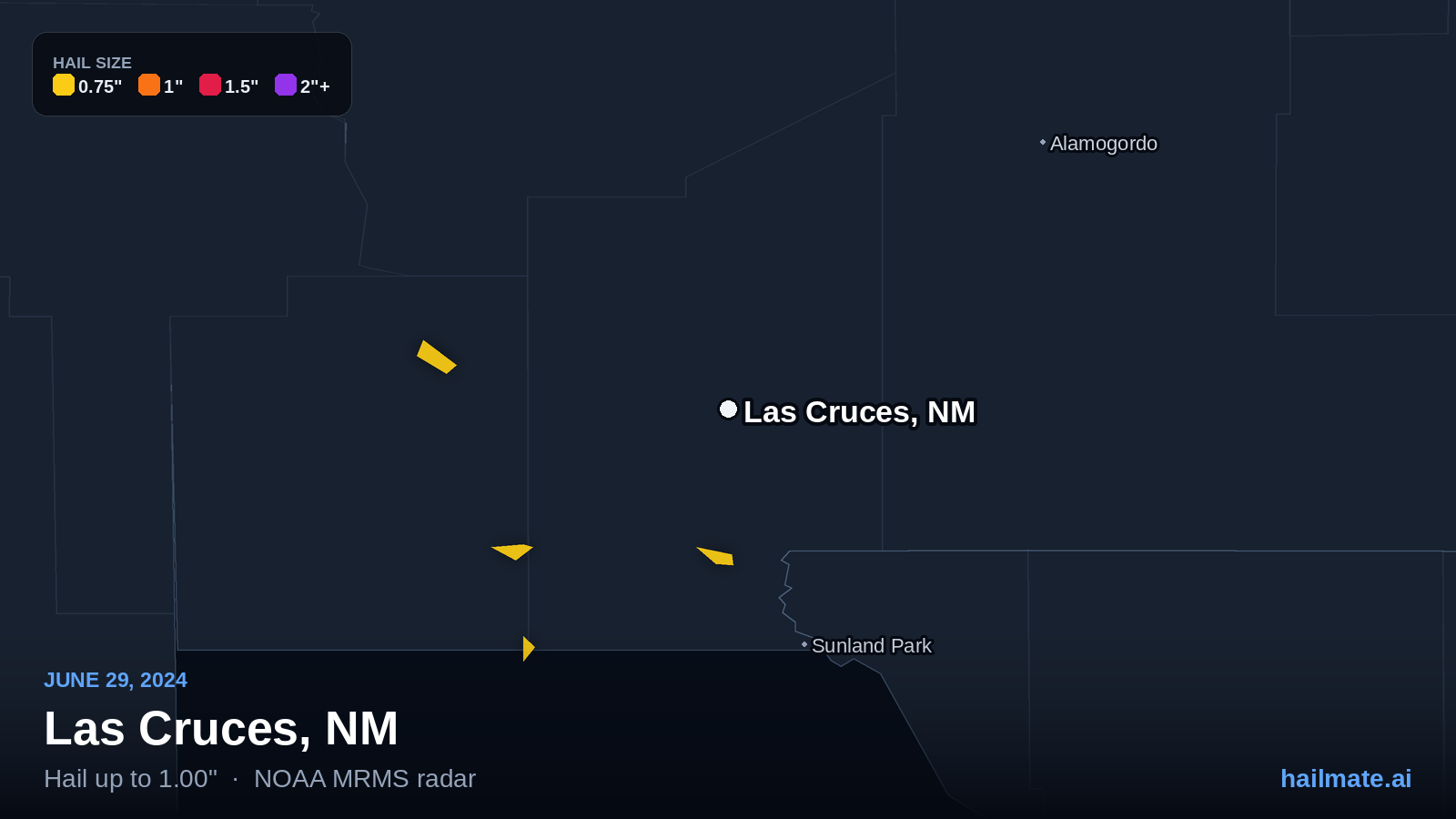 Hail swath map for Las Cruces, NM on June 29, 2024 showing 1.00 inch hail.