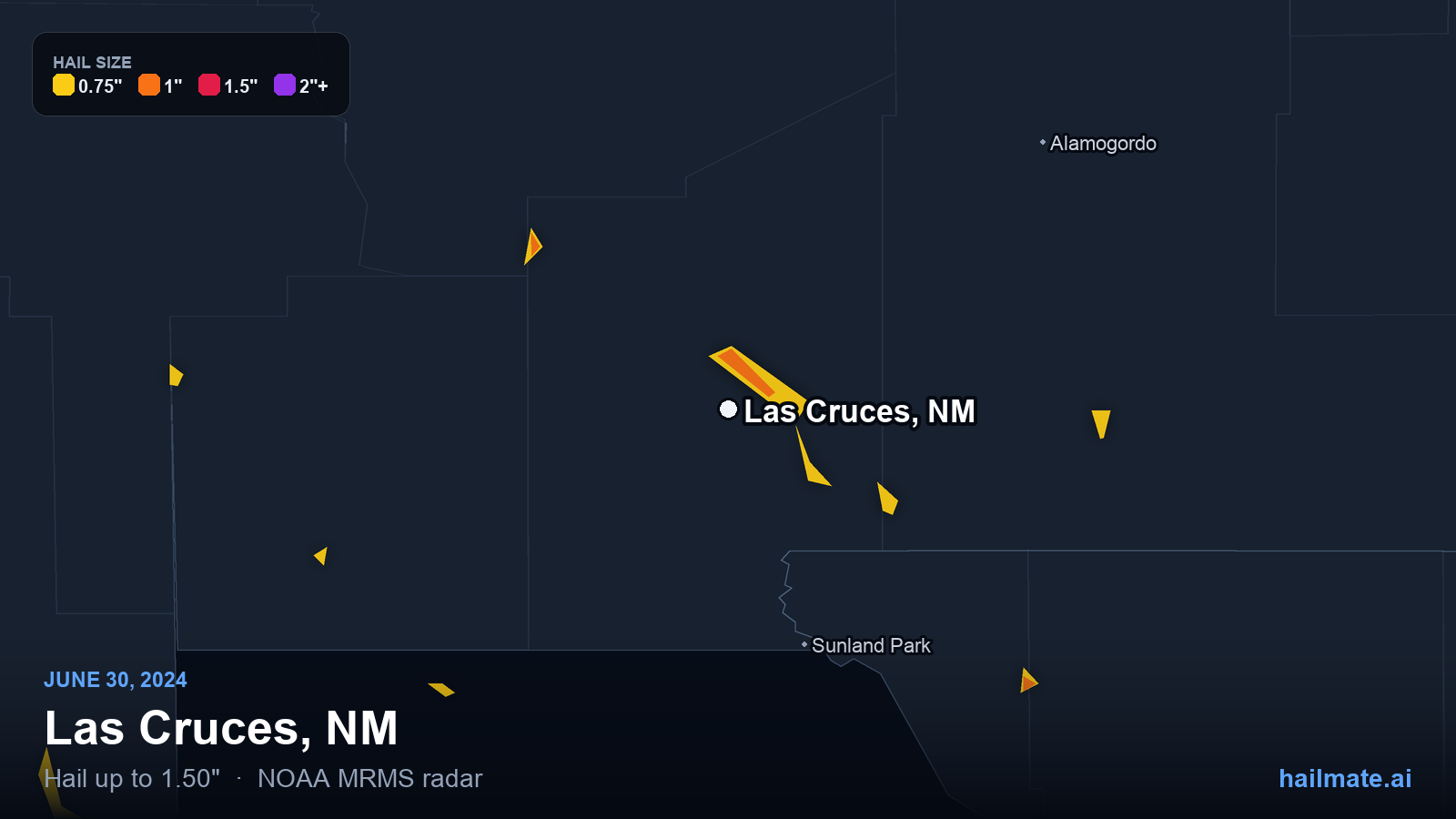 Hail swath map for Las Cruces, NM on June 30, 2024 showing 1.50 inch hail.
