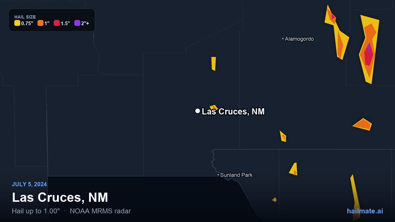 Hail swath map for Las Cruces, NM on July 5, 2024 showing 1.00 inch hail.