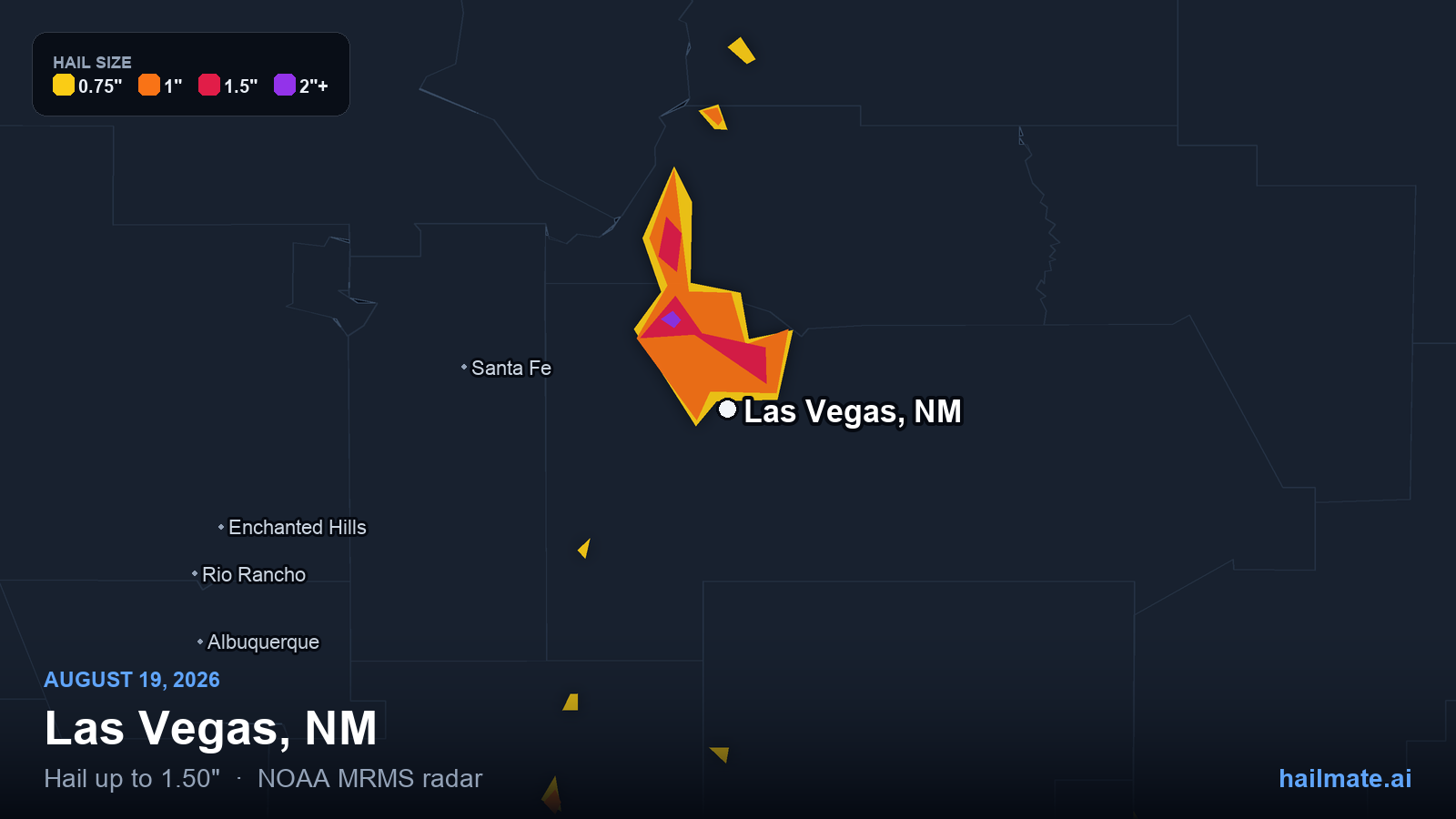 Hail swath map for Las Vegas, NM on August 19, 2026 showing 1.50 inch hail.