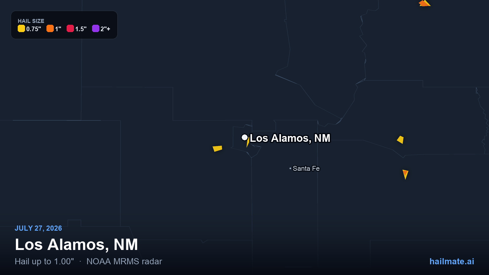 Hail swath map for Los Alamos, NM on July 27, 2026 showing 1.00 inch hail.