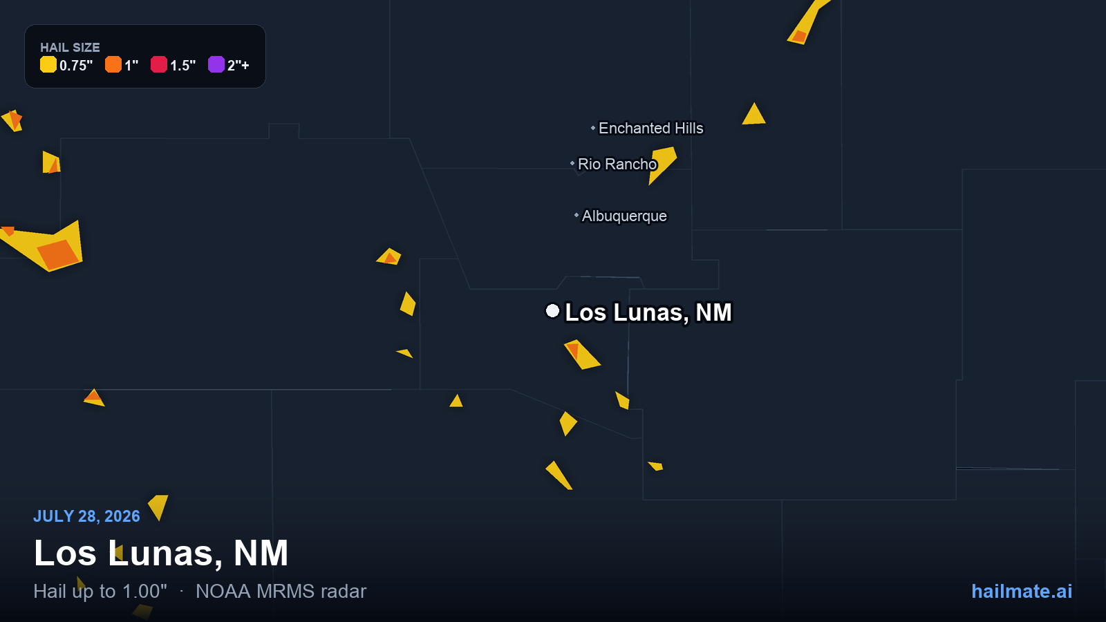 Hail swath map for Los Lunas, NM on July 28, 2026 showing 1.00 inch hail.