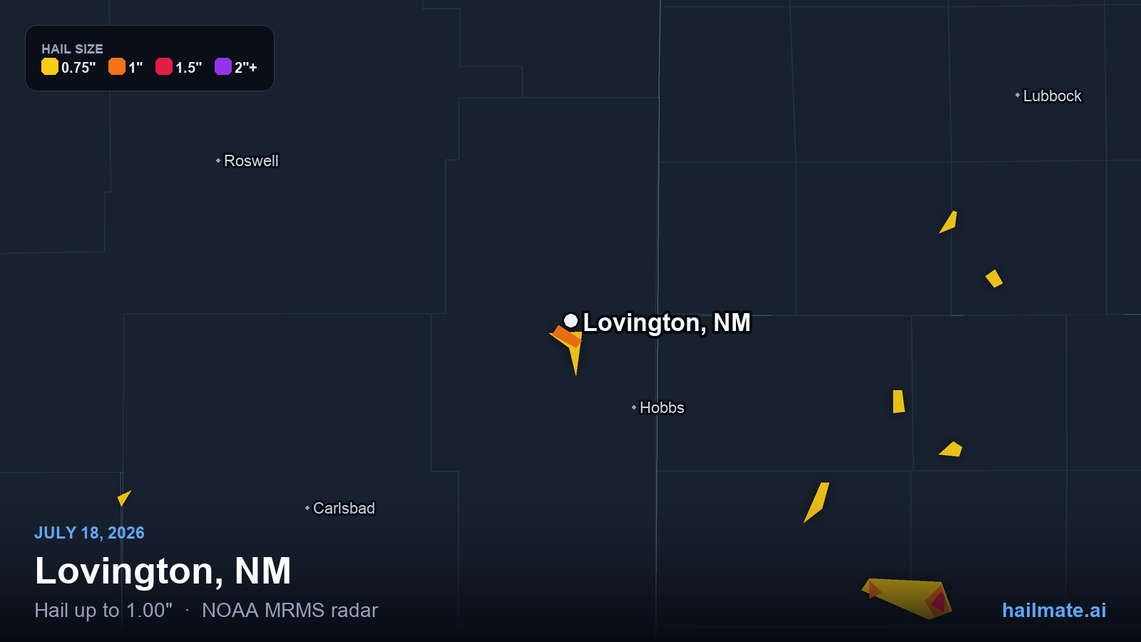 Hail swath map for Lovington, NM on July 18, 2026 showing 1.00 inch hail.