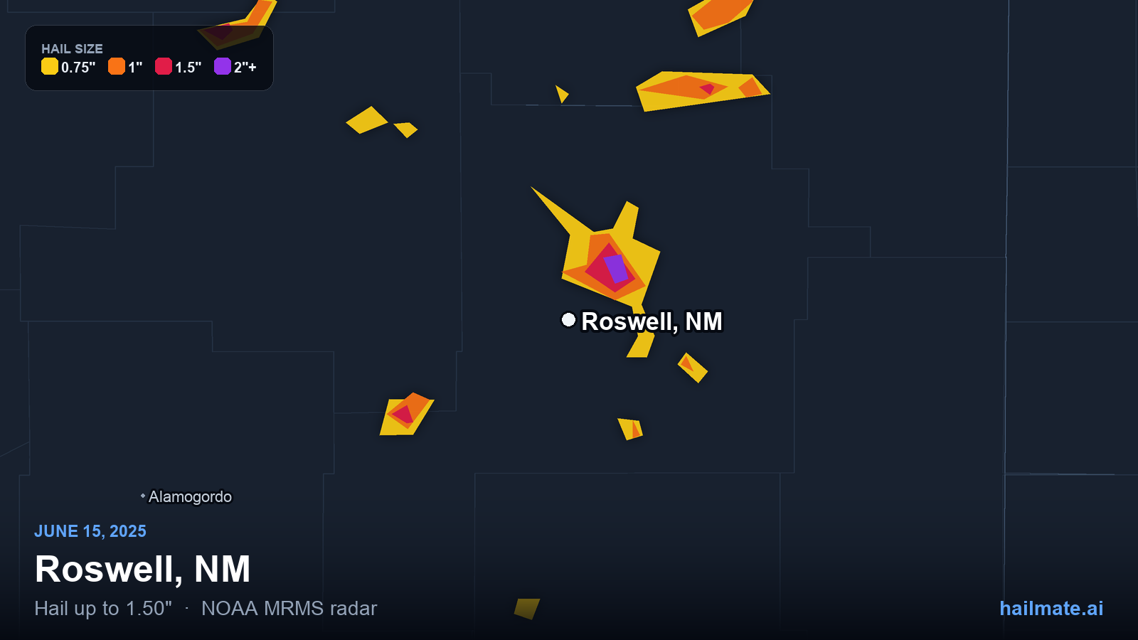 Hail swath map for Roswell, NM on June 15, 2025 showing 1.50 inch hail.